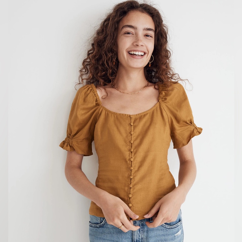 Madewell Button Front Smocked-Back Top Size 00 I69